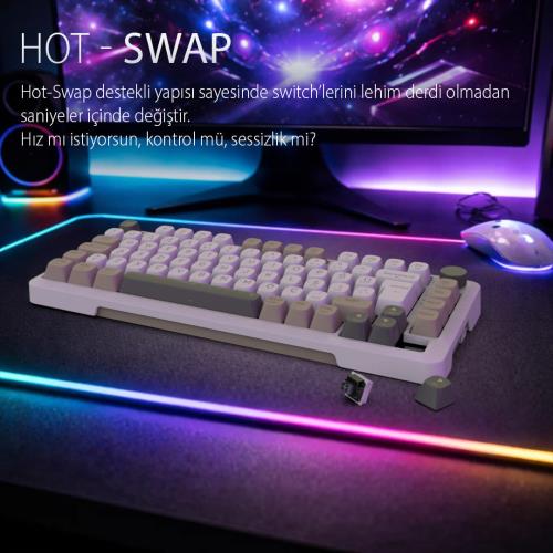 INCA IKG-455 EMPOUSA GASKET HOT SWAP POSH TRİ-MODE MAKRO RGB MEKANIK GAMING KLAVYE-BEYAZ kablosuz ve kablolu kulanma özl